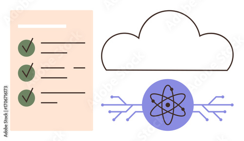 Document checklist with green checkmarks, cloud symbol, atomic structure, and circuit lines. Ideal for technology, cloud computing, digital innovation, science, data management automation