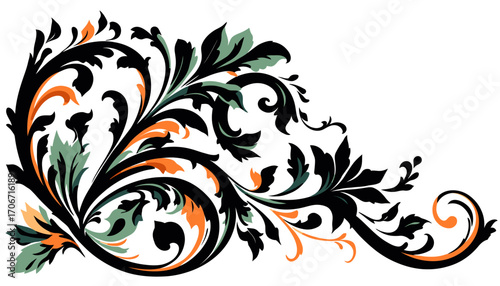 An elegant decorative flourish featuring intricate swirling leaves and floral motifs in a classic baroque style, isolated on a clean white background.
