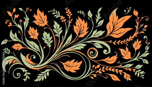 A beautiful decorative vector flourish featuring an ornate arrangement of autumn-colored leaves and delicate tendrils on a stark black backdrop.