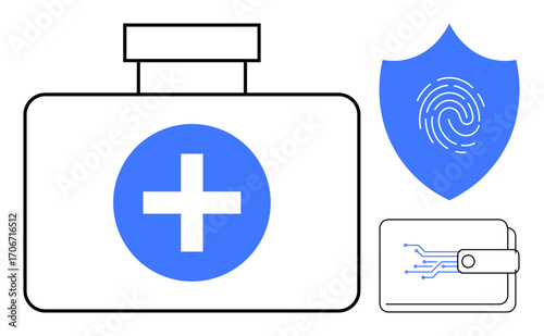 First aid kit with cross, shield with fingerprint symbol, and digital wallet. Ideal for healthcare, medical technology, digital security, data protection, payment systems, innovation simple flat