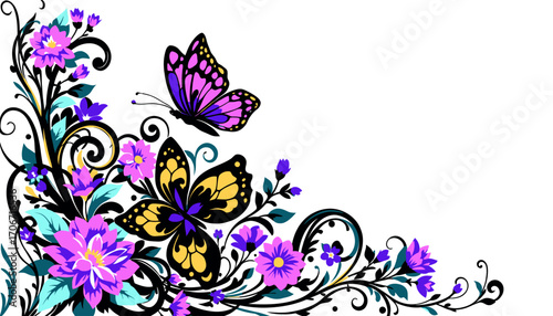 A vibrant graphic illustration featuring an elegant floral corner design with colorful butterflies and swirling flourishes, isolated on a clean white background.