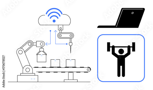 Robotic arm assembling boxes on conveyor with cloud connection, laptop, and weightlifting icon. Ideal for IoT, smart manufacturing, productivity, automation, technology, monitoring efficiency