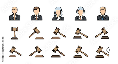 A colorful vector icon set of legal professionals, including judges with wigs, and a wooden gavel in various stages of striking a block.