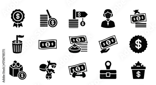 Black silhouette financial icons set - dollar signs, coins, banknotes, business figures, money bags, and treasure chests.