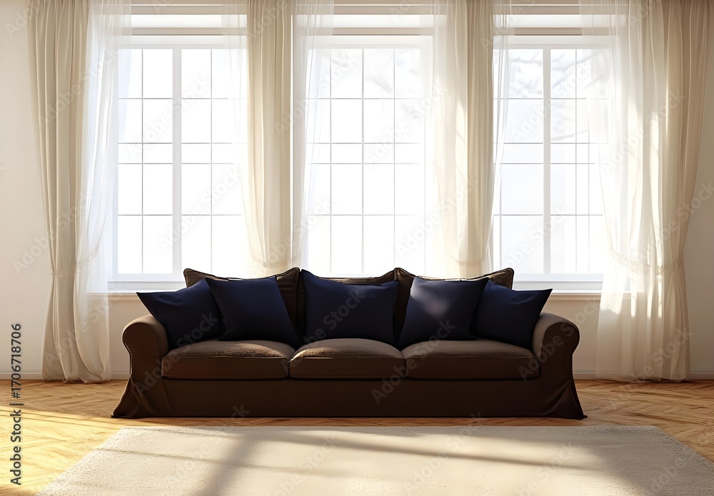 Fototapeta premium Modern Brown Sofa with Blue Pillows in Sunny Living Room