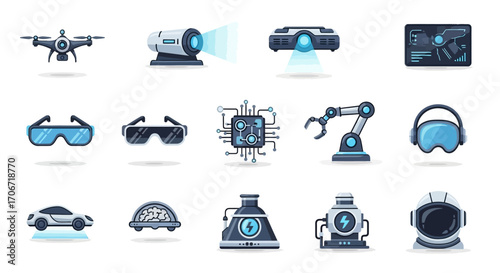 A modern flat icon set of future technology, featuring a drone, VR headset, AI robot, and smart car.