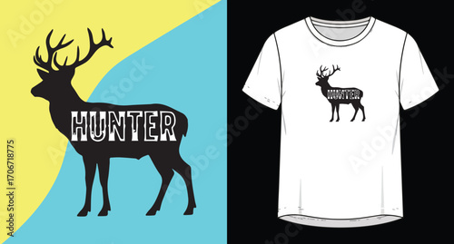 Deer silhouette with hunter text on a colorful background and t shirt mockup