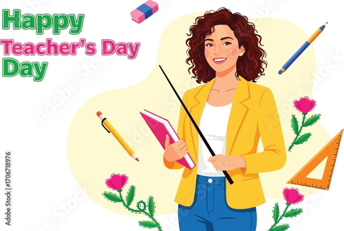 Joyful teacher celebrates Happy Teacher's Day surrounded by school supplies and blooming flowers