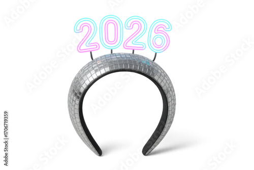Silver disco headband with 2026 neon sign celebrating new year's eve on transparent background