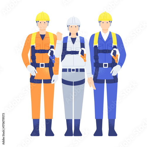 女性も活躍中 フルハーネスとヘルメットを着用した建設業で働く男女のベクターイラスト素材