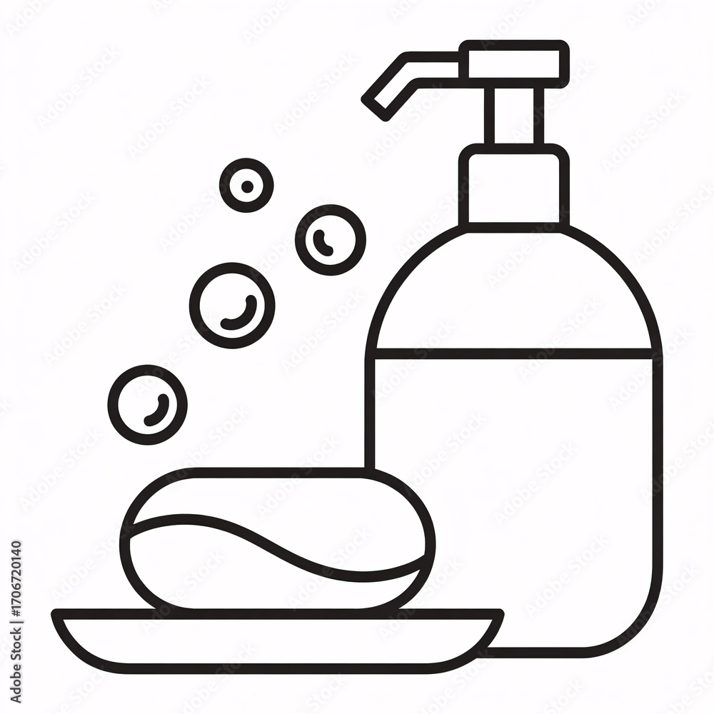 Obraz premium Line art illustration of liquid soap dispenser, bar of soap on a dish, and bubbles, isolated on white background
