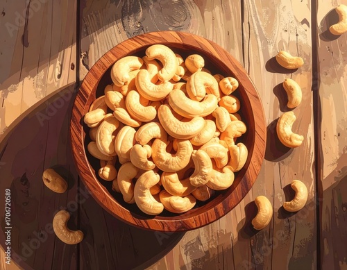 Roasted cashew nuts in wooden bowl with pile of cashew nuts on the table. top view.