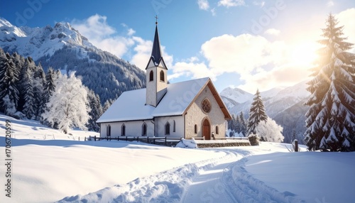Snowy mountain church scenic landscape