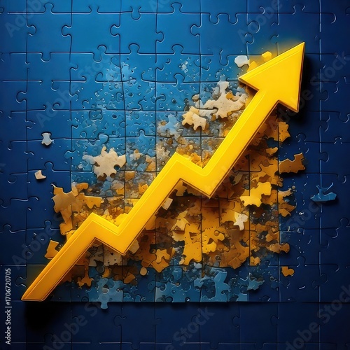 A bright yellow upward trend arrow graph graphic superimposed over a broken jigsaw puzzle background