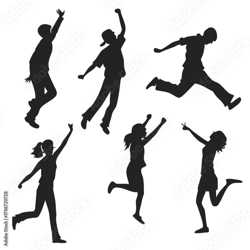 Dynamic silhouettes of diverse people jumping and running with joyful expressions and raised arms against a white background