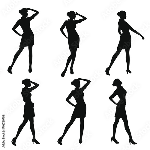 Collection of six elegant female silhouettes in various fashionable poses wearing short dresses and high heels presented against a clean white background