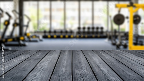 Dark gray wooden table in front of gym background