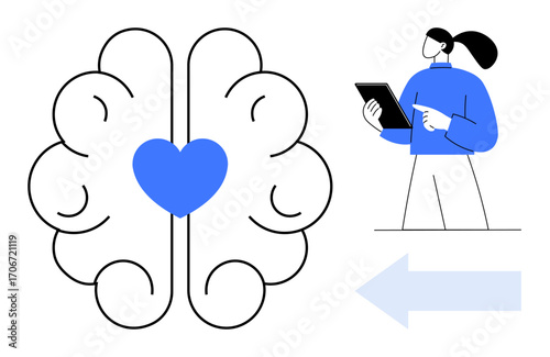 Brain outline with heart inside, person holding tablet, and arrow. Ideal for psychology, education, self-improvement, mindfulness, decision-making, mental health and simple landing page