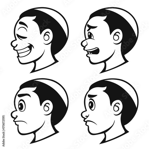 Four cartoon profile views of a young boy s head displaying different emotions happy surprised confused and sad in black and white