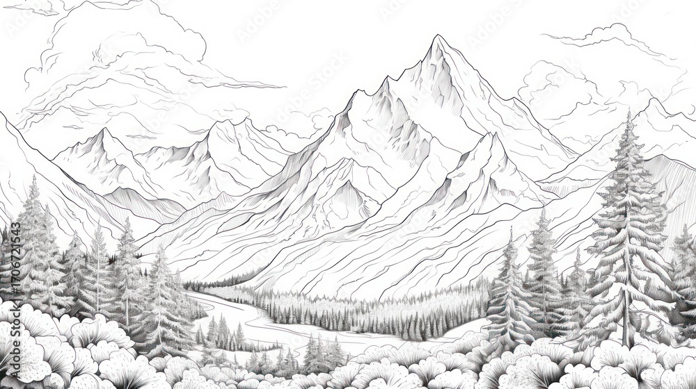 Fototapeta premium Majestic mountain range drawing