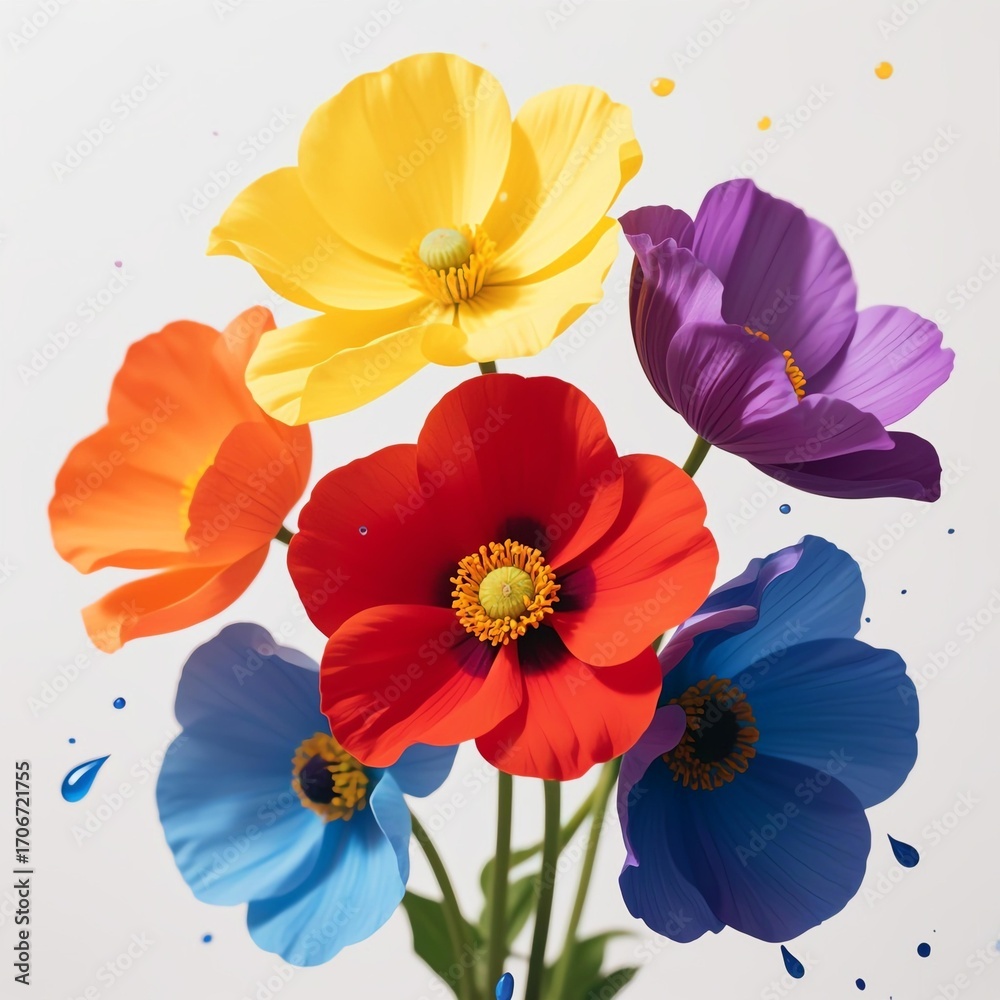 Fototapeta premium Photorealistic vibrant flowers (yellow, orange, red, blue, purple) with soft gradient petals and subtle splatters on light background