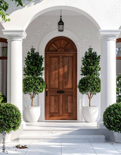 White stucco home entrance with arched portico, wooden door, and potted shrubs