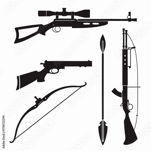 A collection of silhouette illustrations of various weapons including a sniper rifle a handgun a bow and arrow a spear and a crossbow for hunting and combat concepts