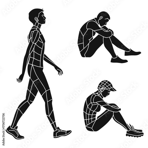 Stylized black silhouettes of a walking person and two sitting figures divided into geometric segments representing movement and contemplation against a white background