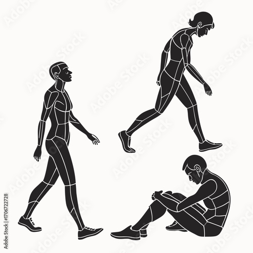 Stylized black silhouettes of three figures in different poses walking and sitting with white lines segmenting their bodies isolated on a white background representing anatomy or movement studies