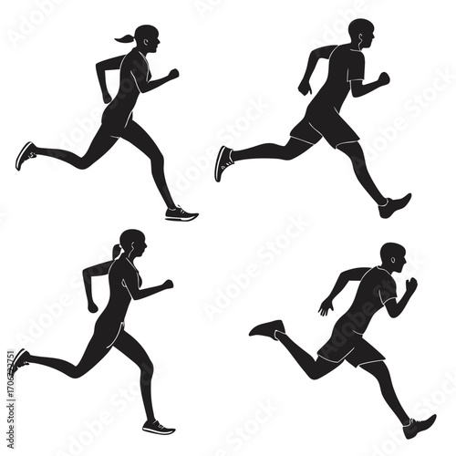 Silhouettes of a man and woman running in motion capturing the dynamic energy of athletes during a race or training session