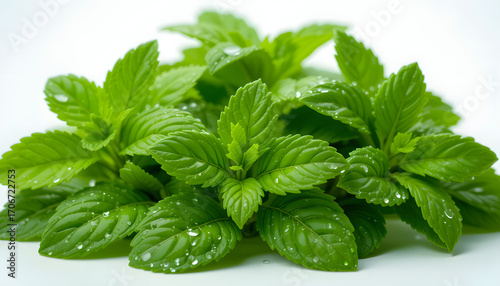 A cluster of fresh mint leaves glistening with water droplets, set against a clean white background. 