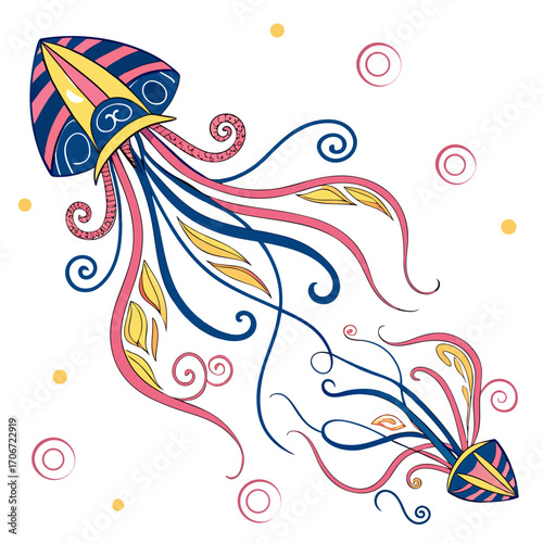Whimsical abstract jellyfish illustration with flowing tentacles and decorative swirls in vibrant blue pink and yellow against a clean white background