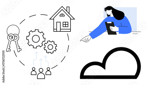 Keys, house, gears, cloud, and user interacting with a tablet create a concept of property automation, workflow, cloud solutions, and user guidance. Ideal for real estate teamwork automation