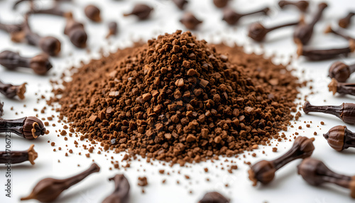 A pile of ground cloves surrounded by whole cloves, showcasing their distinct bulbous tops and slender stems.