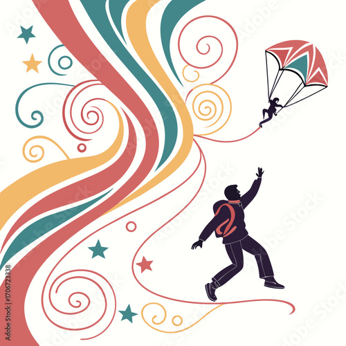 Dynamic illustration of two skydivers in silhouette against a backdrop of colorful swirling abstract lines and stars representing adventure and freedom