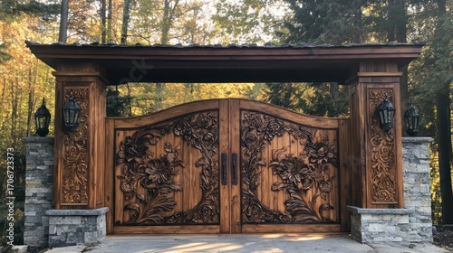 Handcrafted entrance gate with floral carvings, aged wood textures, and intricate craftsmanship