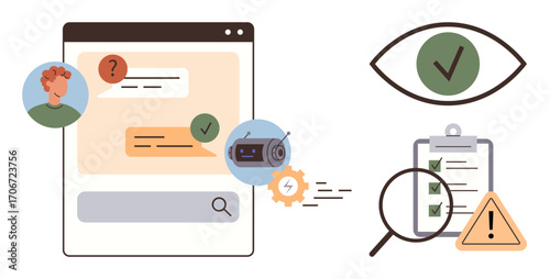 Chat window with messages, user profile, chatbot, checklist with magnifier, caution alert, verification eye icon. Ideal for AI integration, customer support, quality assurance workflow