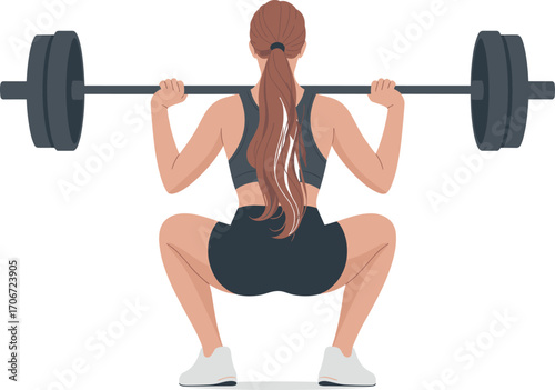 Back view of strong woman lifting barbell in squat position, female gym workout vector for fitness, strength training, powerlifting and healthy lifestyle design.