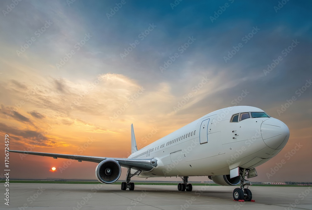 Obraz premium Passenger airplane is approaching the terminal during a scenic sunset, creating a beautiful travel background