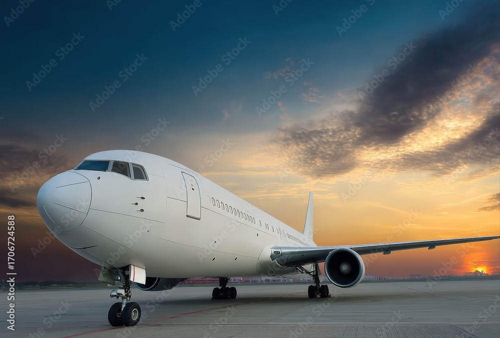 Obraz premium Passenger airplane taxiing along the runway at sunset, bathed in stunning golden hour light, creating a picturesque travel scene