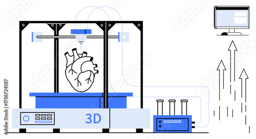 High-tech 3D printer crafting a human heart with lab tubes, arrows signifying progress, and a computer screen. Ideal for medical innovation, technology, science, research, healthcare, future simple