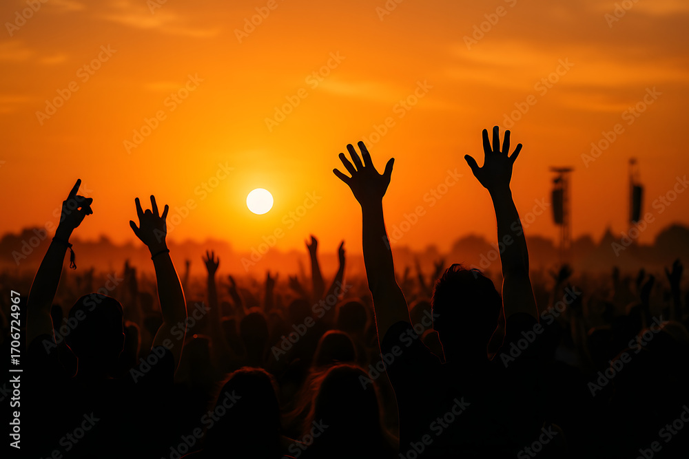 Fototapeta premium A vibrant sunset celebration with a crowd of people raising their hands in the golden light, capturing the energy of the moment.