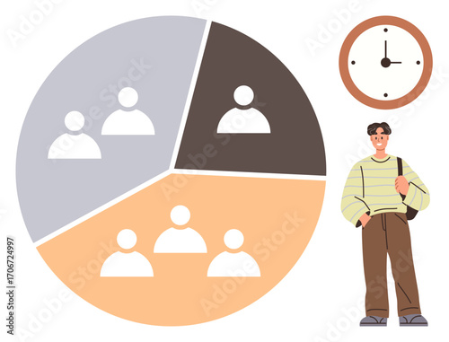 Man standing near pie chart with demographic segments and clock, highlighting data analysis, time management, productivity, teamwork, demographic insights, planning, and efficient organization. A