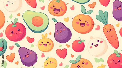 flat vector comic style abstract background with cute fruits