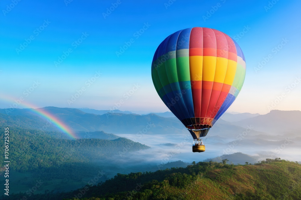 Obraz premium Hot air balloon drifting gracefully over a lush green valley, surrounded by a vibrant rainbow and soft fog at sunrise