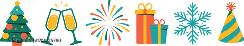 Colorful festive icon set with Christmas tree, champagne glasses, fireworks, gift boxes, snowflake, and party hat for holiday and New Year celebration themes