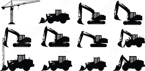 Construction machinery silhouettes of cranes, excavators, loaders, bulldozers, heavy equipment, industrial vehicles, earthmoving machines, building site, construction tools, vector illustrations,