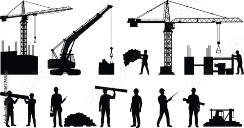 Construction site silhouettes, heavy machinery and workers, cranes lifting materials, industrial building process, teamwork in construction, laborers with tools, construction project activity vector.