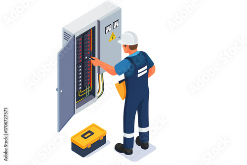 Electrician Working on Electrical Control Panel Isometric Vector Illustration
