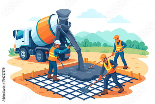 Construction Workers Pouring Concrete with Cement Mixer Truck Illustration